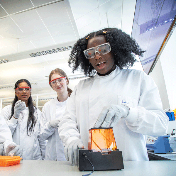 A group of young woman working in a lab and smiling